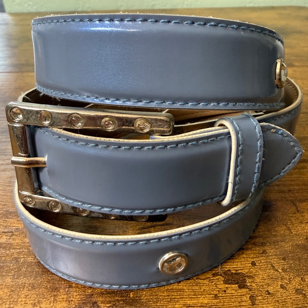 Y2K Rhinestone Buckle Patent Leather Studded Belt Women XL Iridescent Blue Fairy